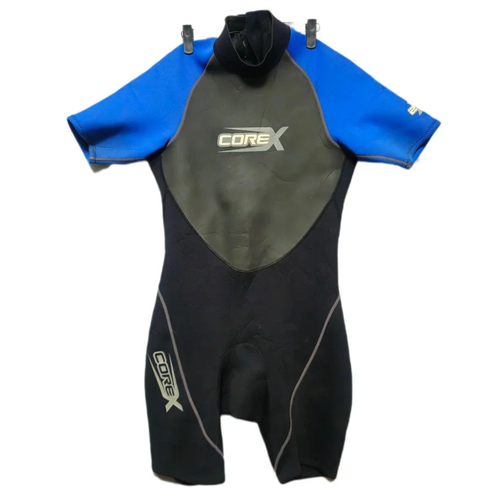 CoreX Mens Large Shorty Wetsuit Black Blue Short Sleeve Back Zip Neoprene‎